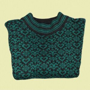 vintage bay club medium wool‎ acrylic blend sweater mockneck hearts blue grey